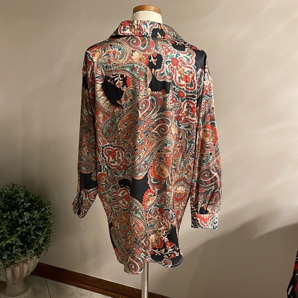 SHEIN multi paisley floral Boho satin feel button down shirt oversized Small - Picture 2 of 11